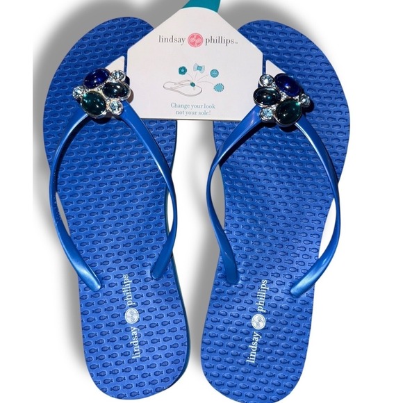 New Lindsay Phillips Embellished Flip Flops Kelli Princess Royal Blue Sz 7 - Picture 1 of 13